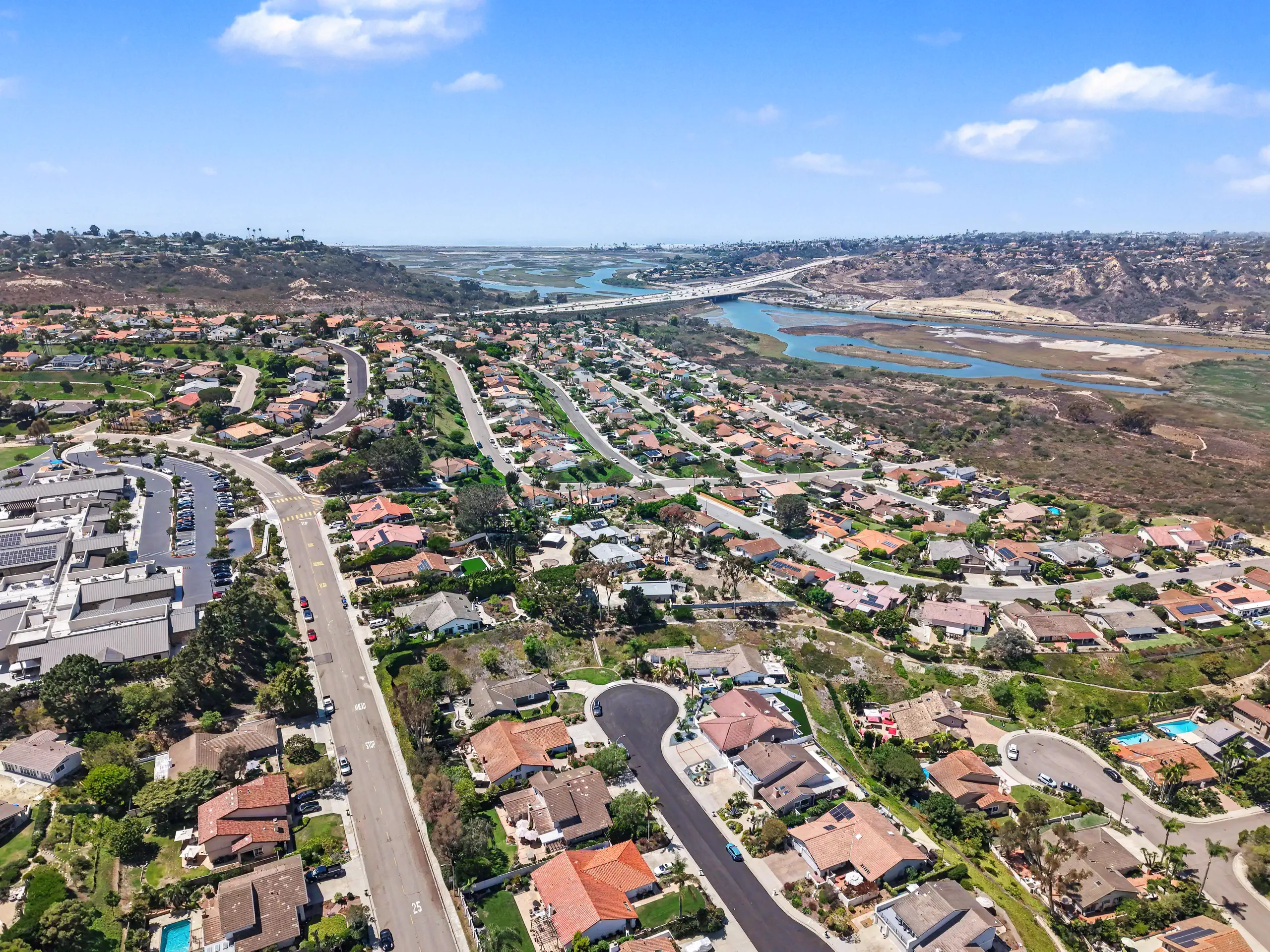 Aerial view north across the neighborhood to San Elijo Lagoon, the coast highway and the Pacific beyond.