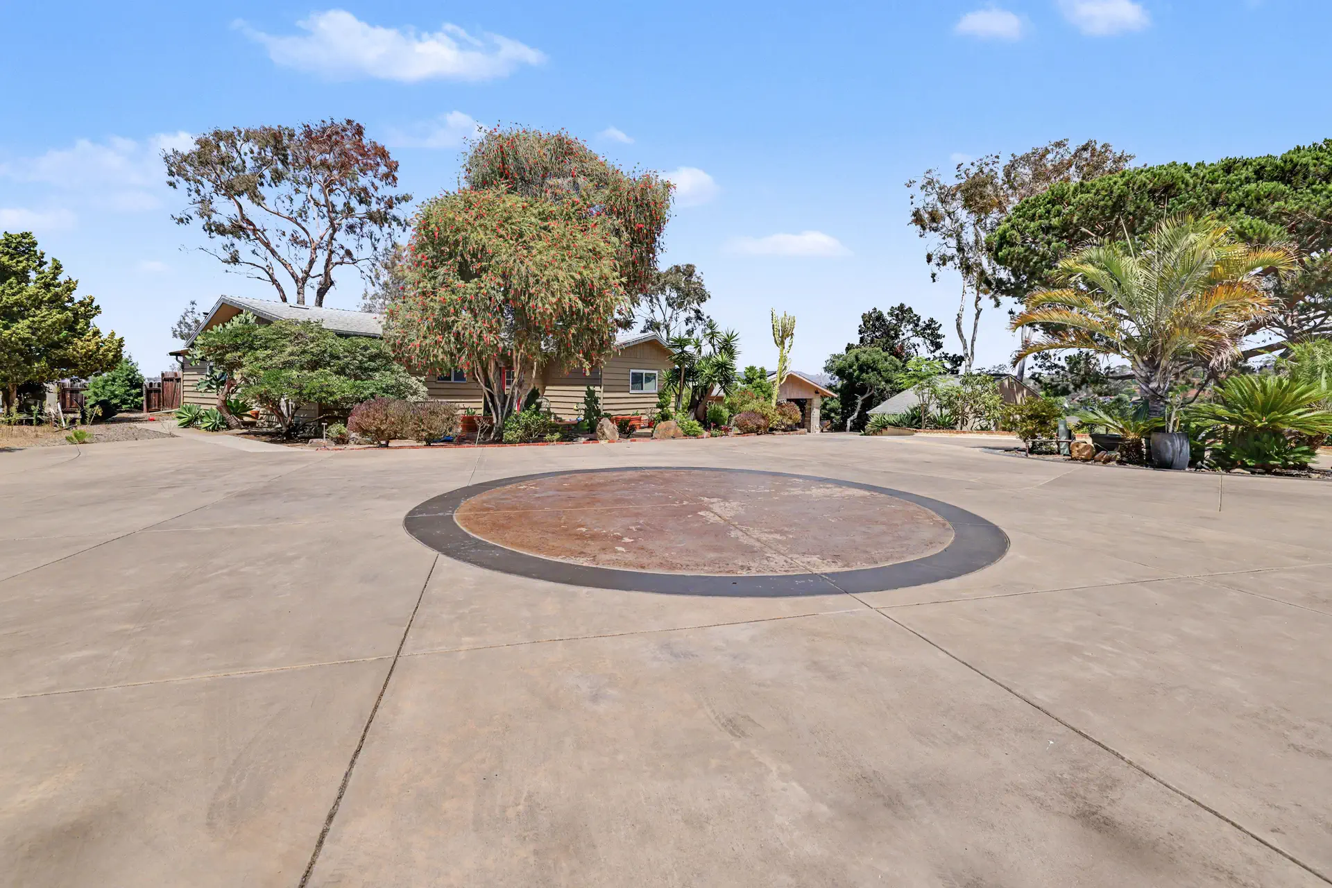 The circular turning court at the center of the parcel, ringed by mature trees.